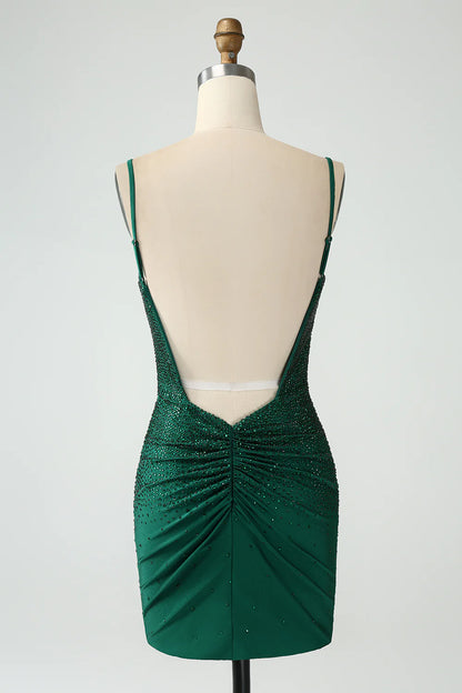 Amzcw Dark Green Bodycon Spaghetti Straps Backless Homecoming Dress with Beading