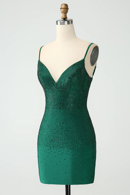 Amzcw Dark Green Bodycon Spaghetti Straps Backless Homecoming Dress with Beading