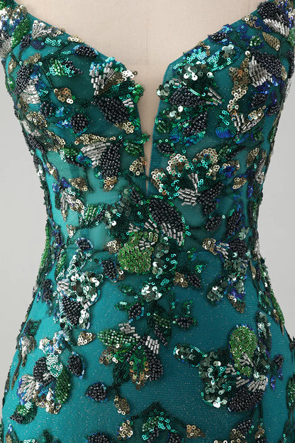 Amzcw Sparkly Dark Green Bodycon Spaghetti Straps Short Homecoming Dress with Beading