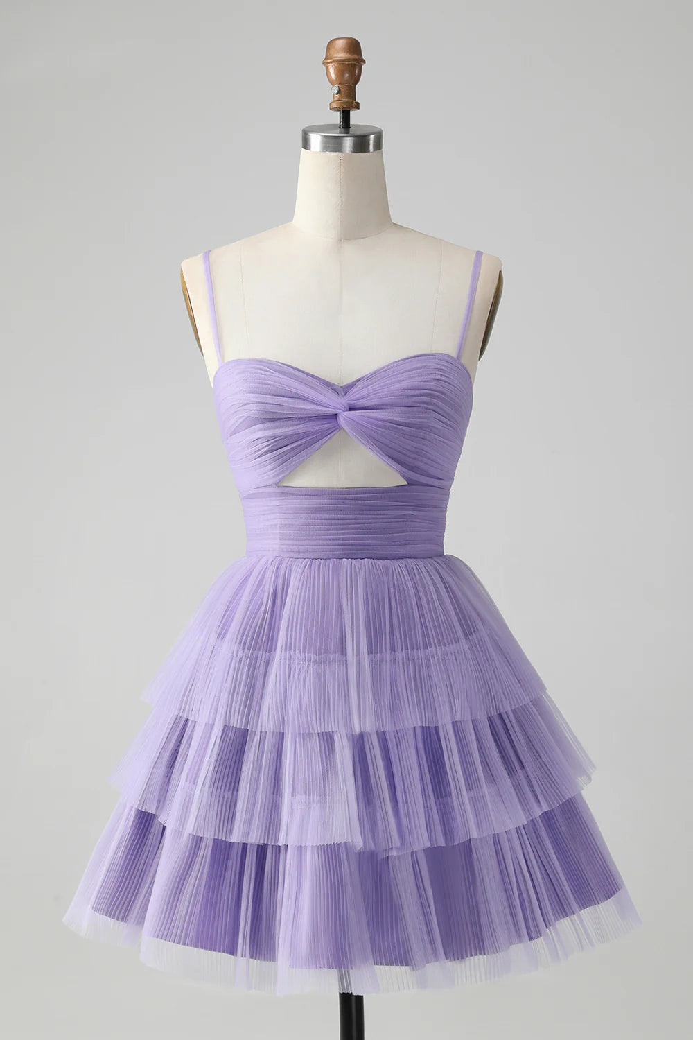 Amzcw Cute Purple A Line Spaghetti Straps Short Tiered Homecoming Dress with Hollow Out