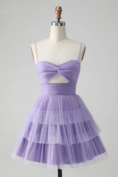 Amzcw Cute Purple A Line Spaghetti Straps Short Tiered Homecoming Dress with Hollow Out