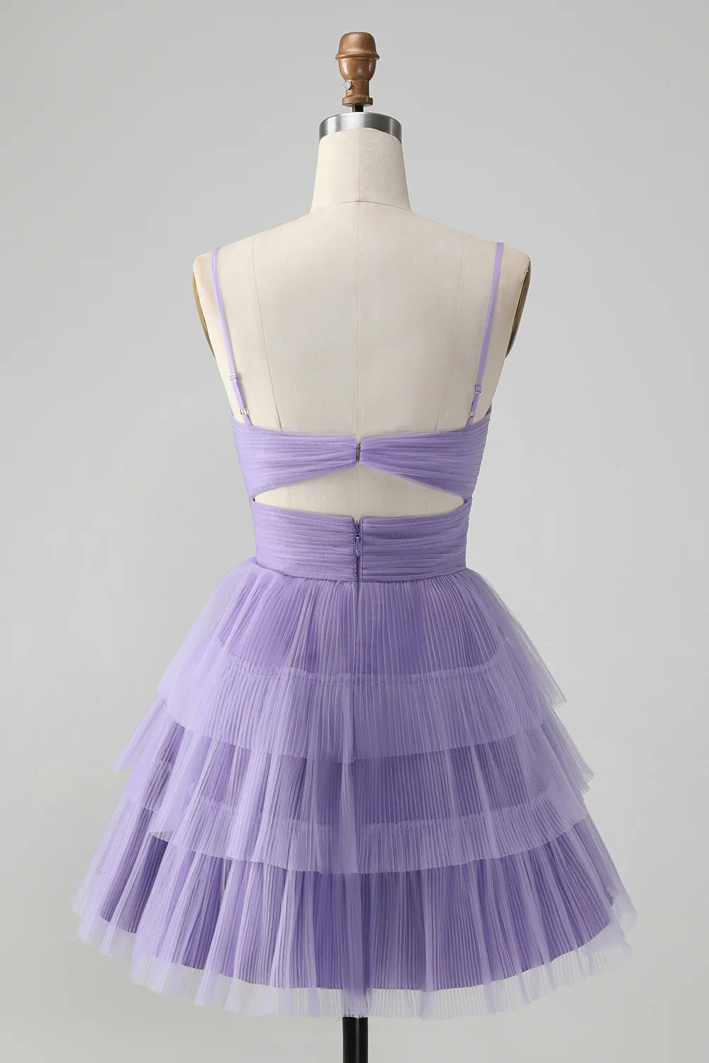 Amzcw Cute Purple A Line Spaghetti Straps Short Tiered Homecoming Dress with Hollow Out