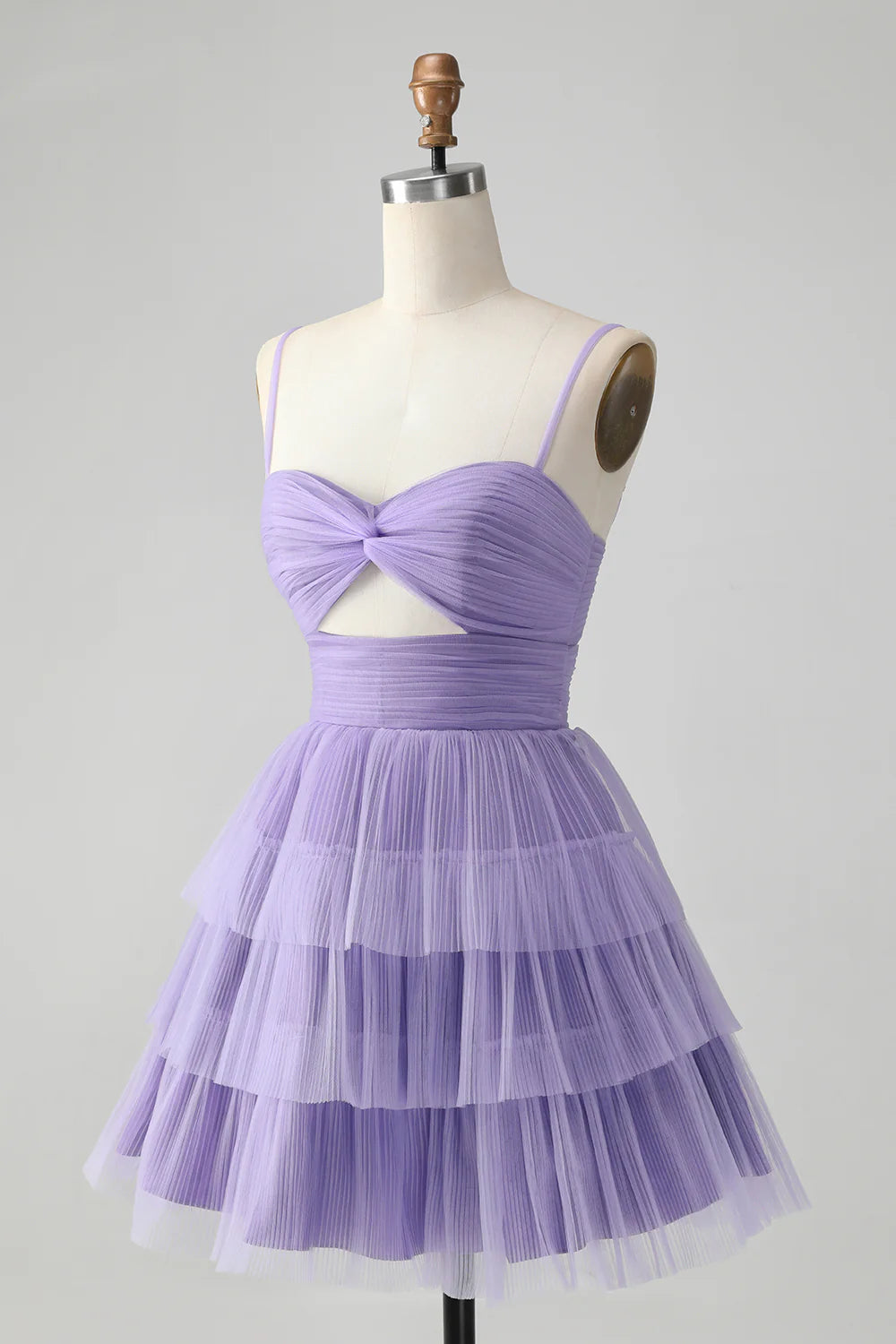 Amzcw Cute Purple A Line Spaghetti Straps Short Tiered Homecoming Dress with Hollow Out