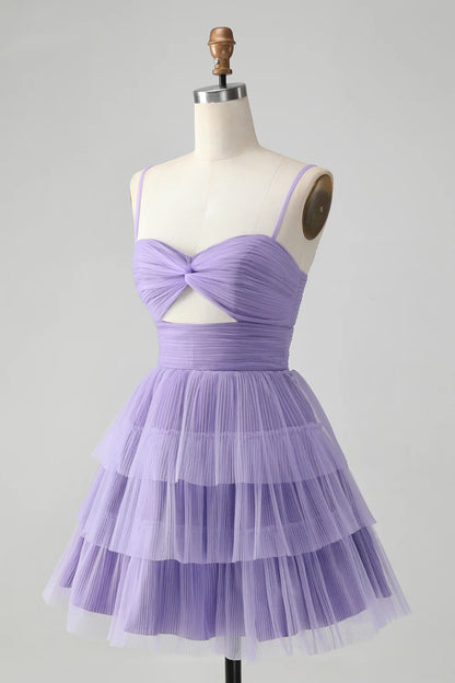 Amzcw Cute Purple A Line Spaghetti Straps Short Tiered Homecoming Dress with Hollow Out
