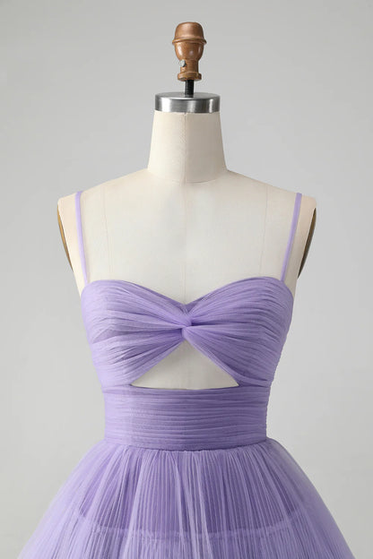 Amzcw Cute Purple A Line Spaghetti Straps Short Tiered Homecoming Dress with Hollow Out