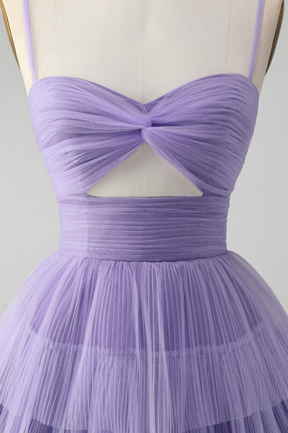 Amzcw Cute Purple A Line Spaghetti Straps Short Tiered Homecoming Dress with Hollow Out