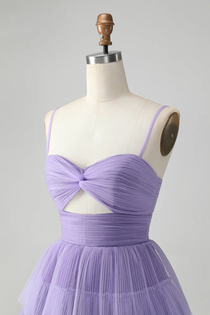 Amzcw Cute Purple A Line Spaghetti Straps Short Tiered Homecoming Dress with Hollow Out