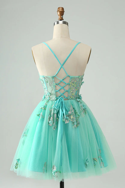 Amzcw Cute Green A Line Spaghetti Straps Corset Short Homecoming Dress with Appliques