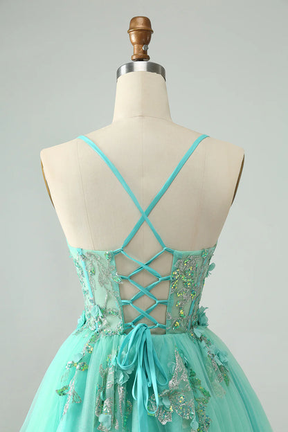 Amzcw Cute Green A Line Spaghetti Straps Corset Short Homecoming Dress with Appliques