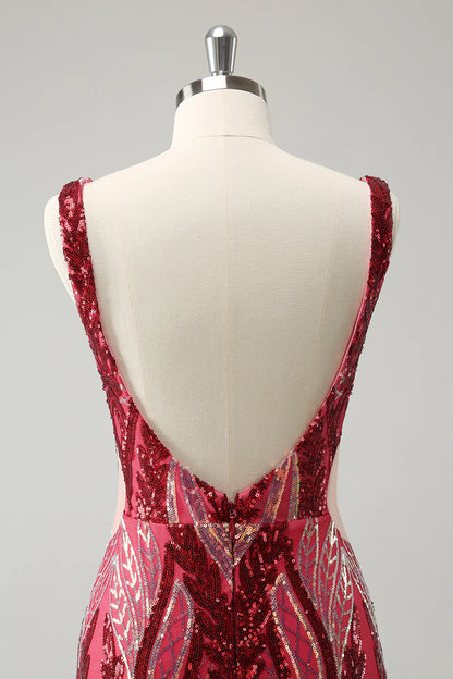 Amzcw Sparkly Fuchsia Bodycon V Neck Backless Short Homecoming Dress with Sequins