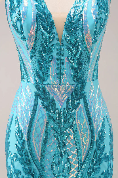 Amzcw Sparkly Blue Bodycon V Neck Backless Short Homecoming Dress with Sequins