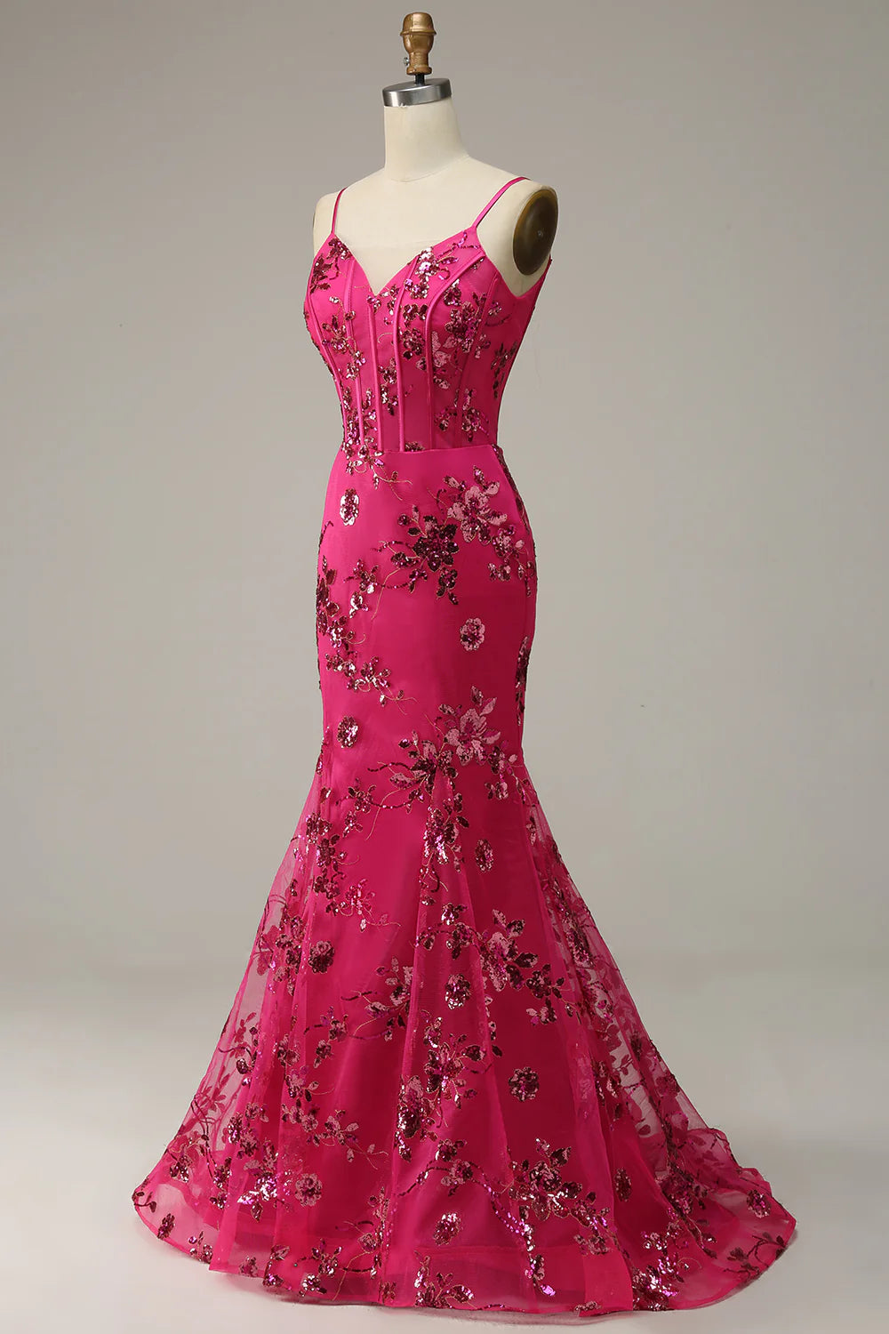 Vestido de fiesta de sirena con estampado de lentejuelas rosa intenso 