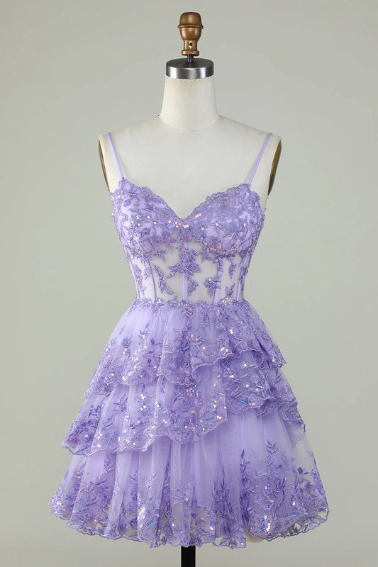 Amzcw Sparkly Purple A Line Spaghetti Straps Tiered Corset Short Homecoming Dress
