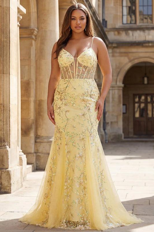 Yellow Floral Embroidered Mermaid Prom Dress with Spaghetti Strap V-Neck Sheer Corset Lace-Up Back Glitter Tulle Floor-Length Evening Gown