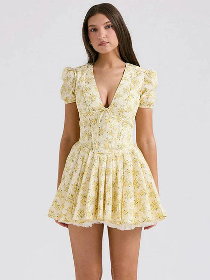 Yellow Floral Print Puff Sleeve V Neck Corset A Line Mini Homecoming Dress