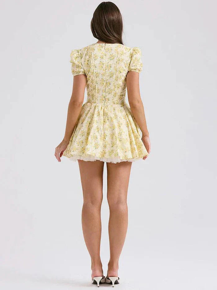 Yellow Floral Print Puff Sleeve V Neck Corset A Line Mini Homecoming Dress