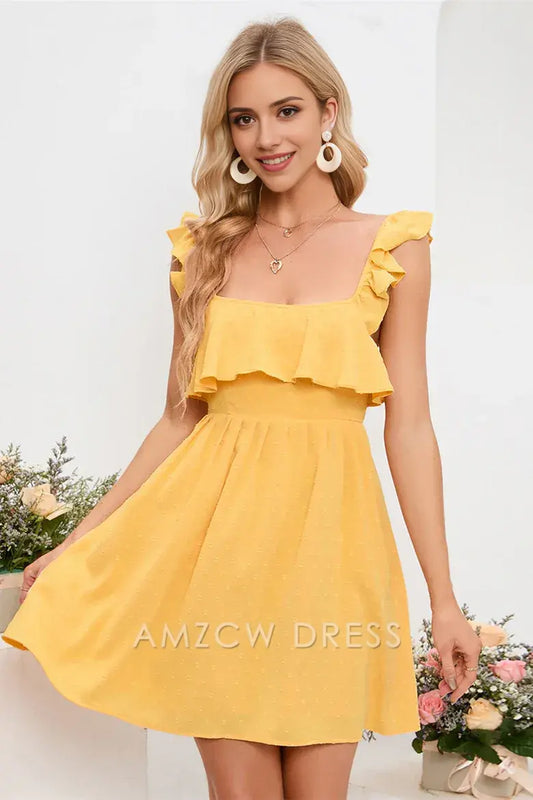 Amzcw Yellow Flutter Sleeves Square Neck Bow Tie Homecoming Dress formal wear dresses
