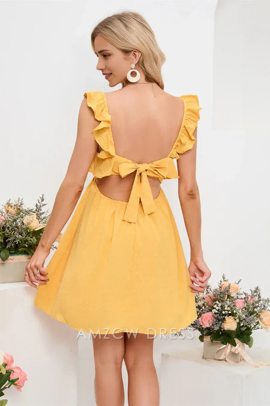 Amzcw Yellow Flutter Sleeves Square Neck Bow Tie Homecoming Dress formal wear dresses