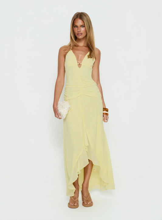 Yellow Halter Prom Dress with Deep V Neckline and High Low Skirt for Formal Events and Prom Nights