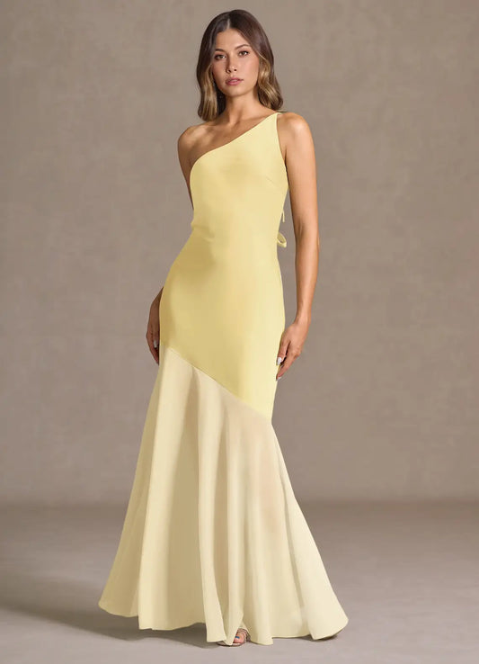 Yellow One Shoulder Prom Dress with Cutout Back and Two Tone Mermaid Skirt for Formal Events and Evening Occasions