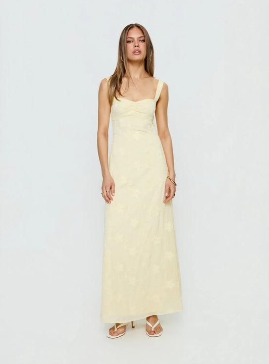 Yellow Spaghetti Strap Prom Dress with Floral Embroidery and Bow Back Detail for Formal Events and Prom Nights