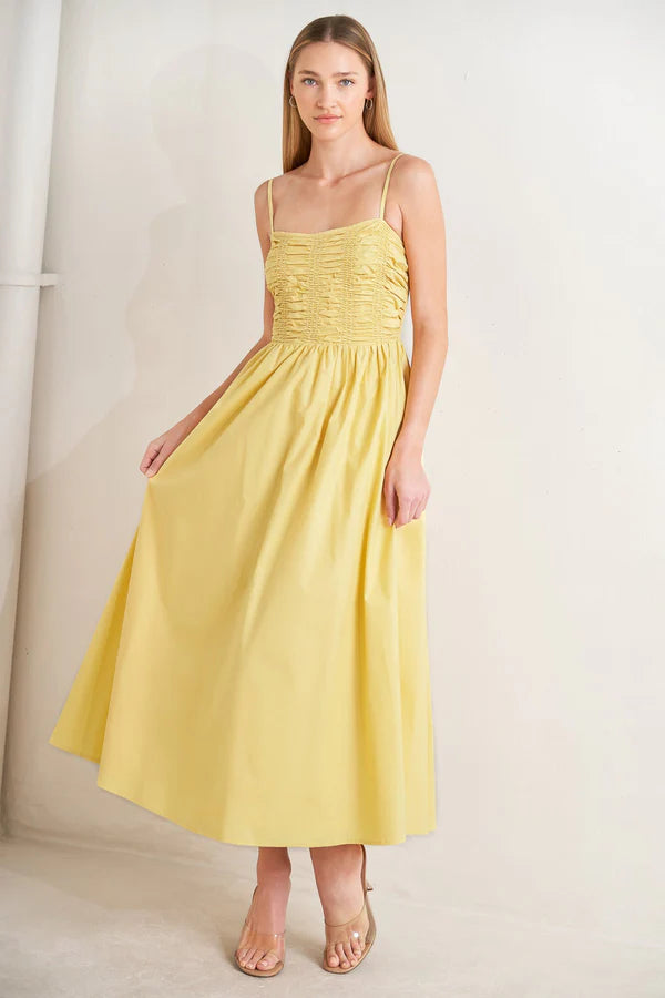 Yellow Spaghetti Strap Ruched Cotton A Line Midi Formal Evening Prom Dress