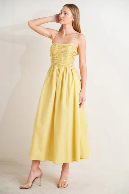 Yellow Spaghetti Strap Ruched Cotton A Line Midi Formal Evening Prom Dress