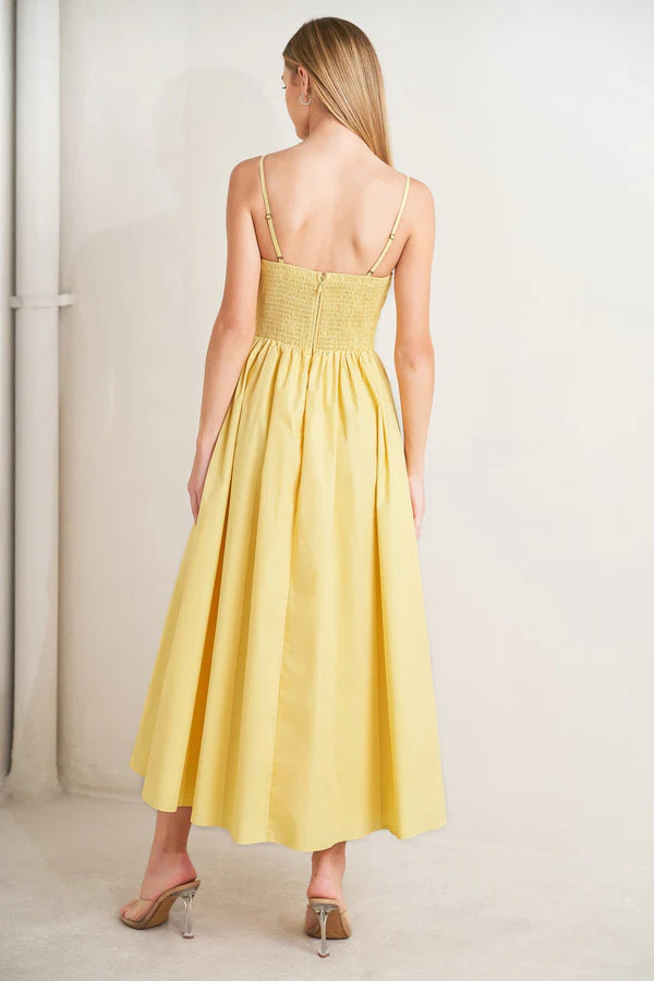 Yellow Spaghetti Strap Ruched Cotton A Line Midi Formal Evening Prom Dress