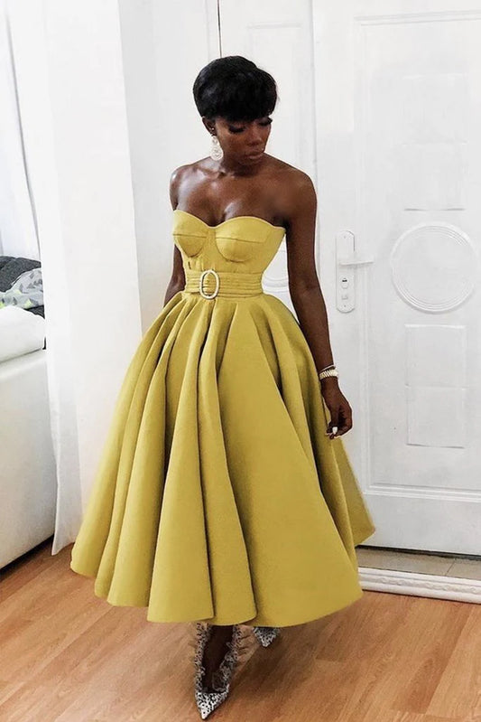 Amzcw Yellow sweetheart neck satin tea length prom dress yellow evening dress formal wear dresses