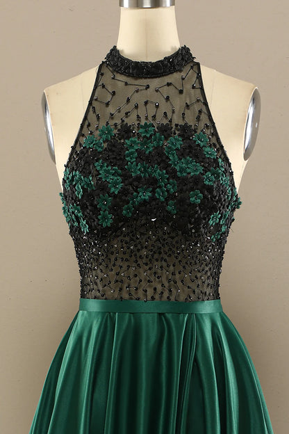Vestido de fiesta largo verde oscuro con cuentas y flores 