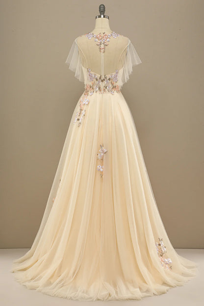 Vestido de fiesta largo amarillo con apliques 