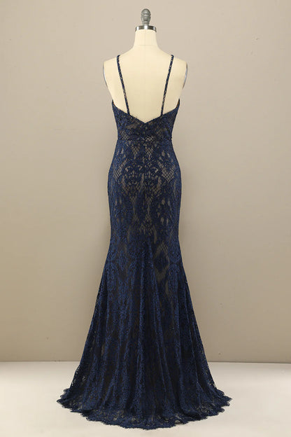 Vestido de fiesta largo de encaje de sirena azul marino 