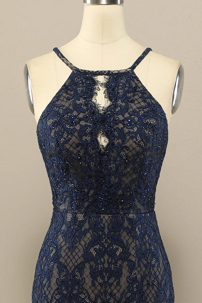 Vestido de fiesta largo de encaje de sirena azul marino 