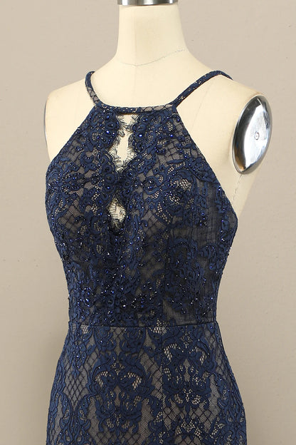 Vestido de fiesta largo de encaje de sirena azul marino 