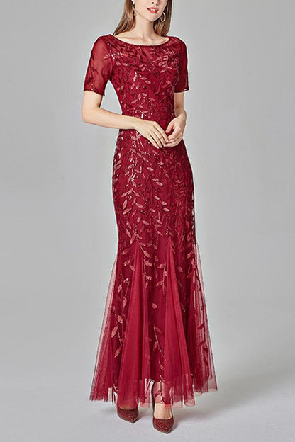 Vestido de noche de fiesta de manga corta con corte sirena 