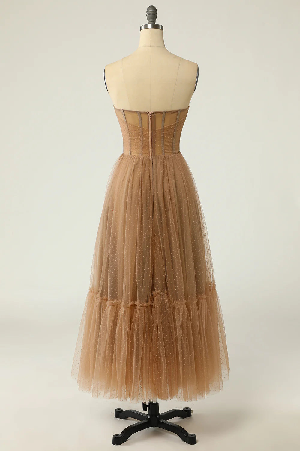 Vestido de fiesta con corsé y lunares color caqui