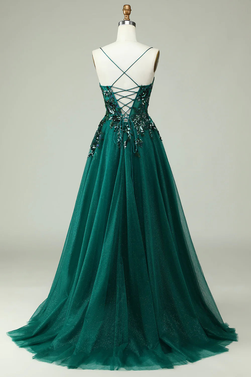 Vestido de fiesta verde oscuro con corsé, tirantes finos y apliques de Amzcw