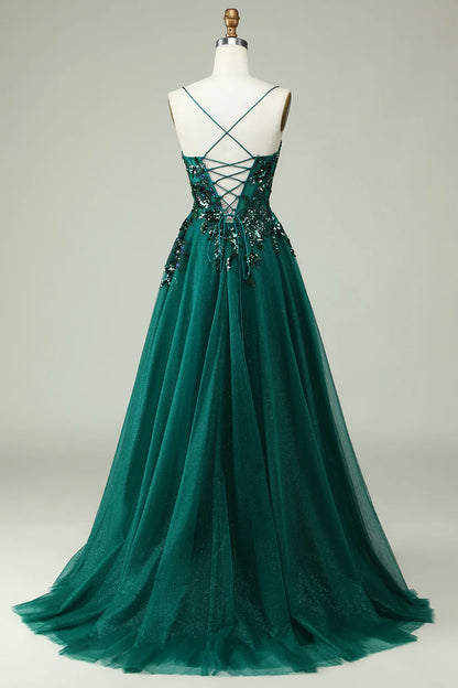 Vestido de fiesta verde oscuro con corsé, tirantes finos y apliques de Amzcw
