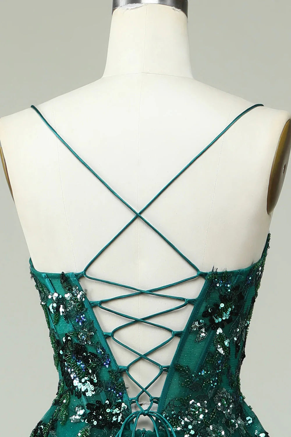 Amzcw Dark Green A Line Spaghetti Straps Corset Prom Dress with Appliques