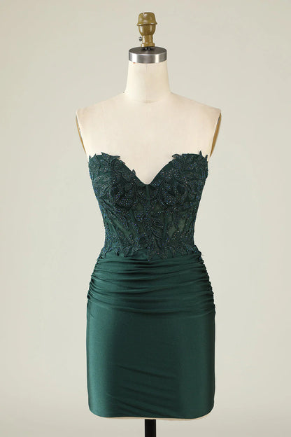 Amzcw Dark Green Bodycon Strapless Applique Short Homecoming Dress with Beading