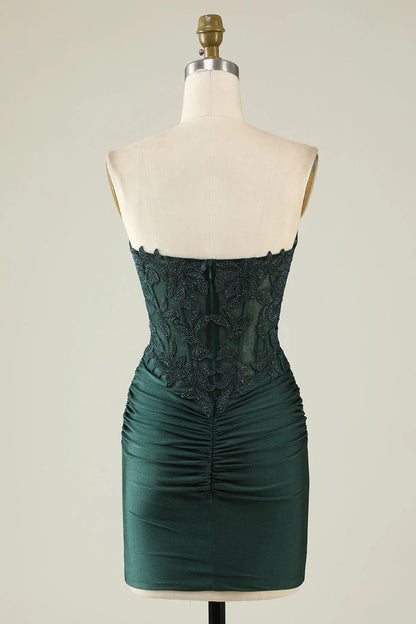 Amzcw Dark Green Bodycon Strapless Applique Short Homecoming Dress with Beading