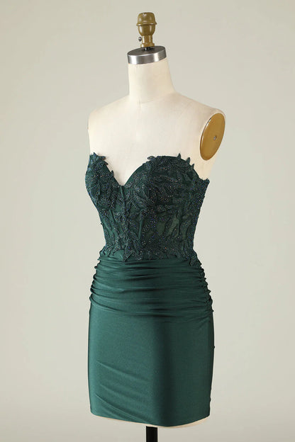 Amzcw Dark Green Bodycon Strapless Applique Short Homecoming Dress with Beading