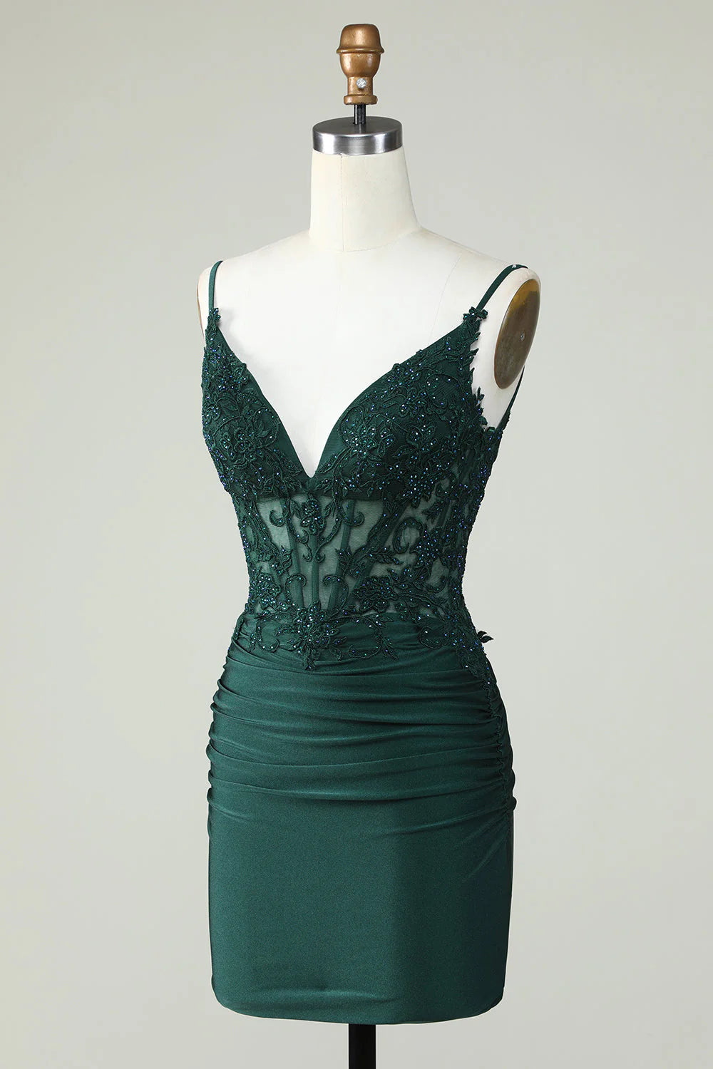 Amzcw Bodycon Dark Green Spaghetti Straps Corset Homecoming Dress with Beading