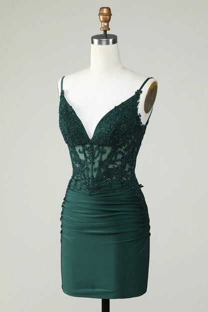 Amzcw Bodycon Dark Green Spaghetti Straps Corset Homecoming Dress with Beading