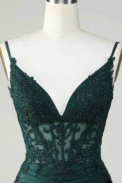 Amzcw Bodycon Dark Green Spaghetti Straps Corset Homecoming Dress with Beading
