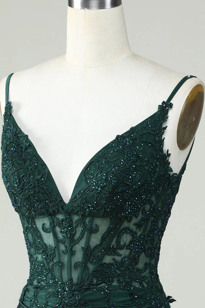 Amzcw Bodycon Dark Green Spaghetti Straps Corset Homecoming Dress with Beading