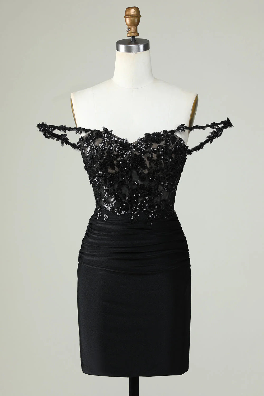 Amzcw Unique Black Sheath Off the Shoulder Short Homecoming Dress with Appliques