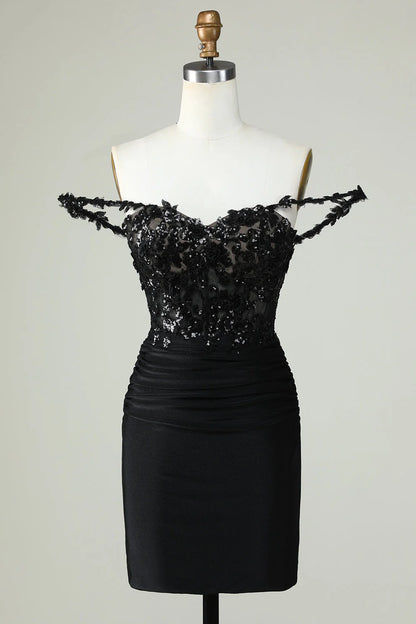 Amzcw Unique Black Sheath Off the Shoulder Short Homecoming Dress with Appliques