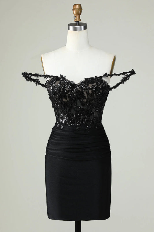 Amzcw Unique Black Sheath Off the Shoulder Short Homecoming Dress with Appliques