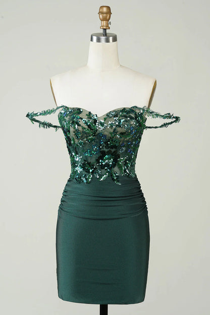 Amzcw Unique Sheath Off the Shoulder Dark Green Short Homecoming Dress with Appliques